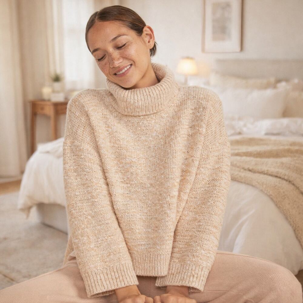 Haven Well Within SZ L Marled Turtleneck Sweater COLOR SANDSTONE/IVORY